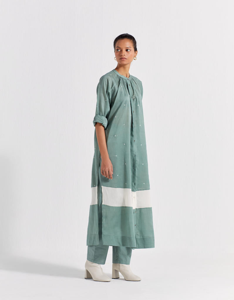 PANEL GATHER NECK SHIRT - JADE POLKA chanderi by THREE in mint color for women Worldwide