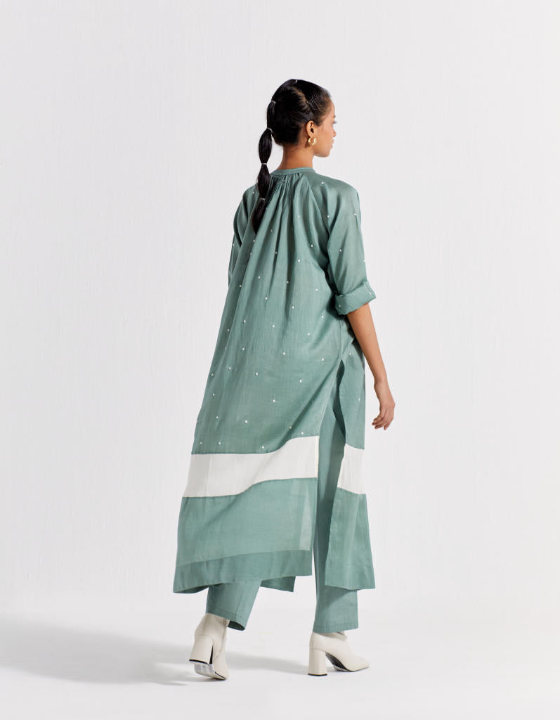 PANEL GATHER NECK SHIRT - JADE POLKA chanderi by THREE in mint color for women Worldwide