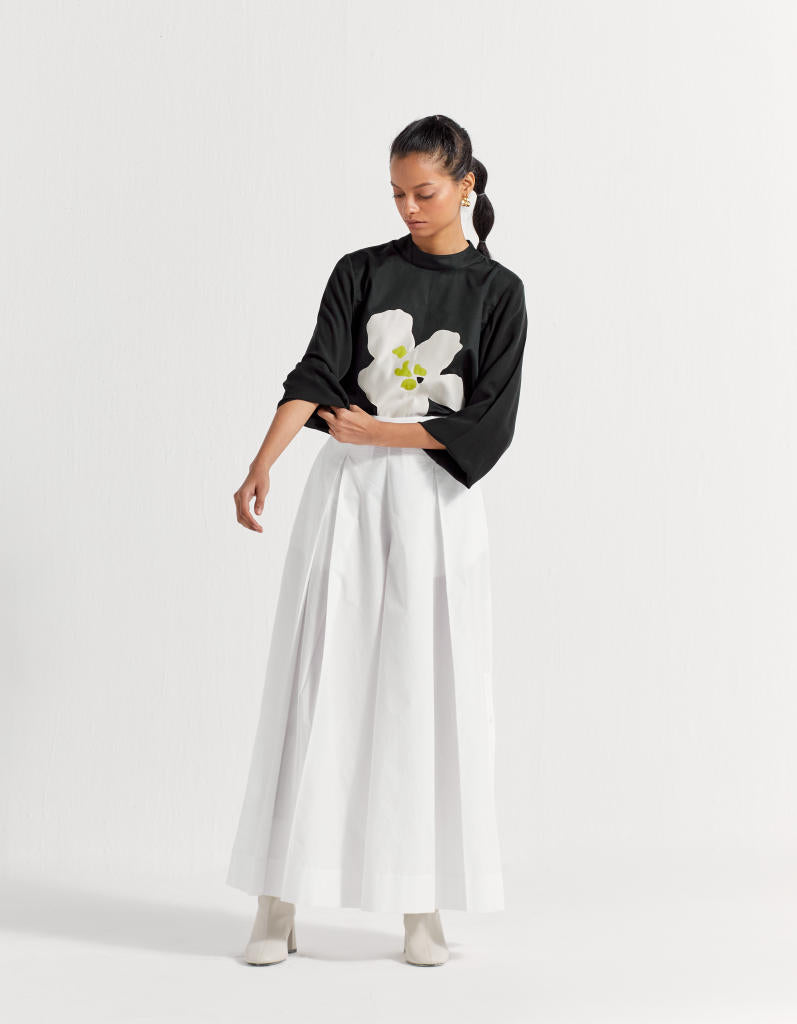 FLORAL APPLIQUE TOP - BLACK poplin by THREE in black color for women Worldwide