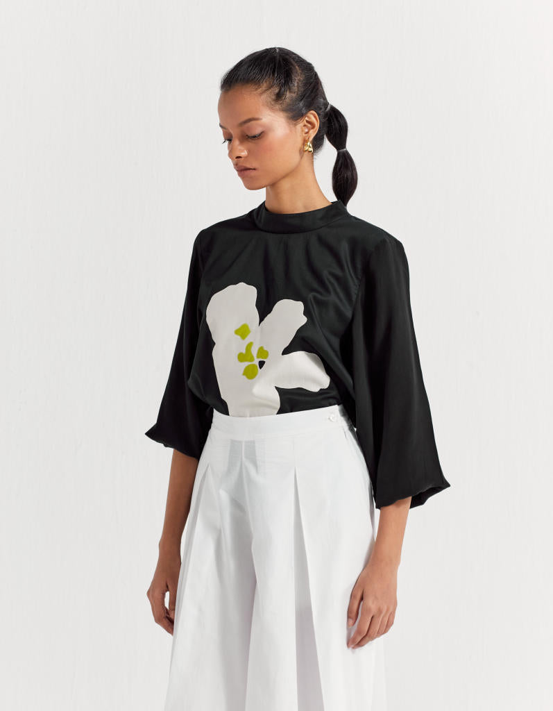 FLORAL APPLIQUE TOP - BLACK poplin by THREE in black color for women Worldwide