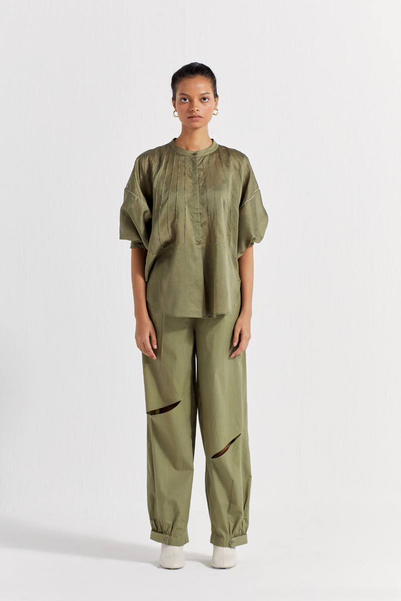 DIAGONAL SLIT BOTTOM - OLIVE poplin by THREE in olive color for women Worldwide