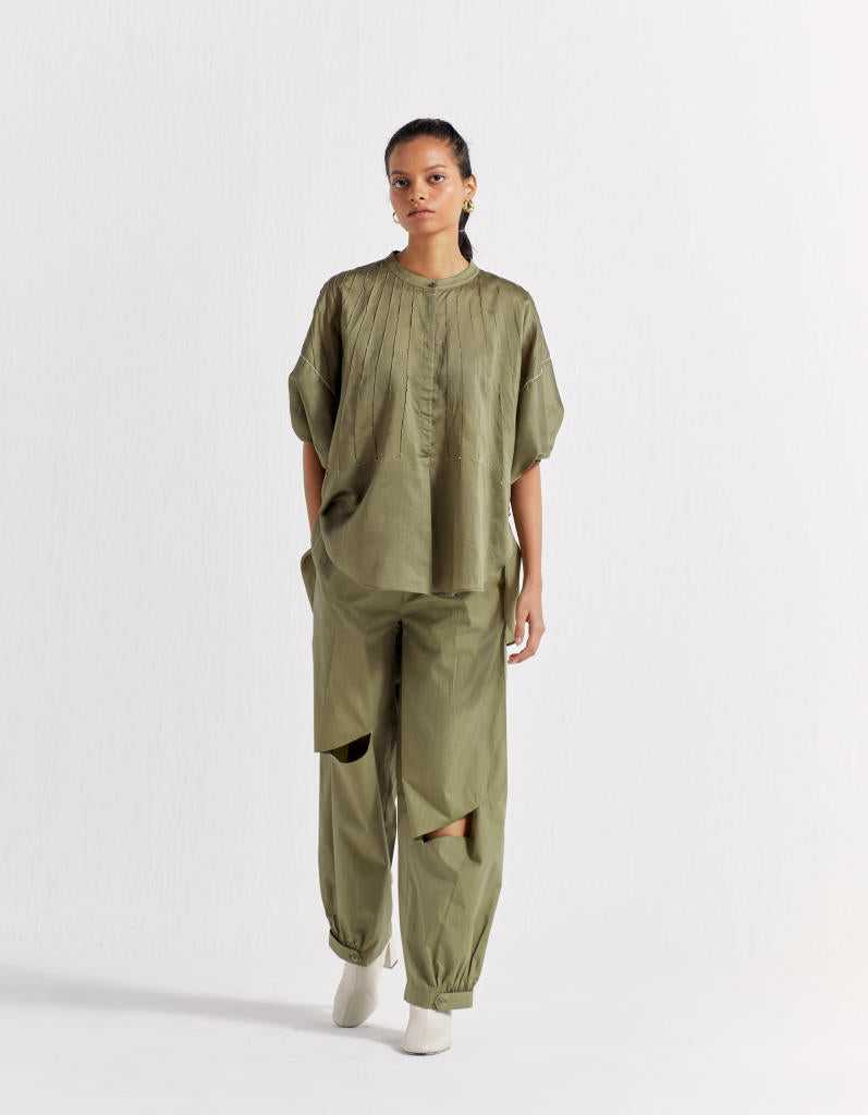 BAT SLEEVE TOP CO-ORD ( SET OF 2 )-OLIVE poplin by THREE in olive color for women Worldwide