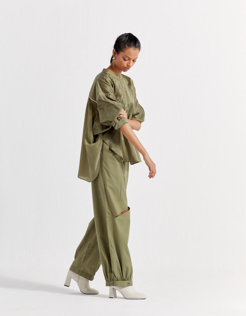 DIAGONAL SLIT BOTTOM - OLIVE poplin by THREE in olive color for women Worldwide