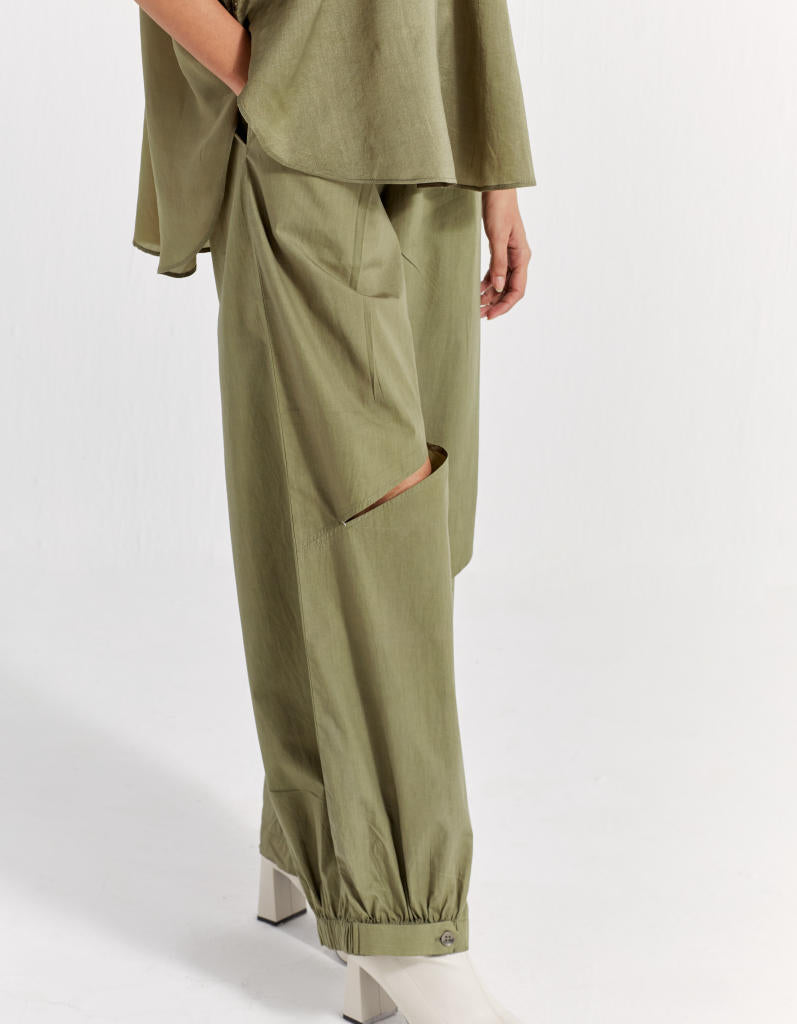 BAT SLEEVE TOP CO-ORD ( SET OF 2 )-OLIVE poplin by THREE in olive color for women Worldwide