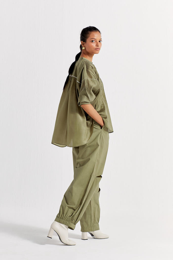 BAT SLEEVE TOP CO-ORD ( SET OF 2 )-OLIVE poplin by THREE in olive color for women Worldwide