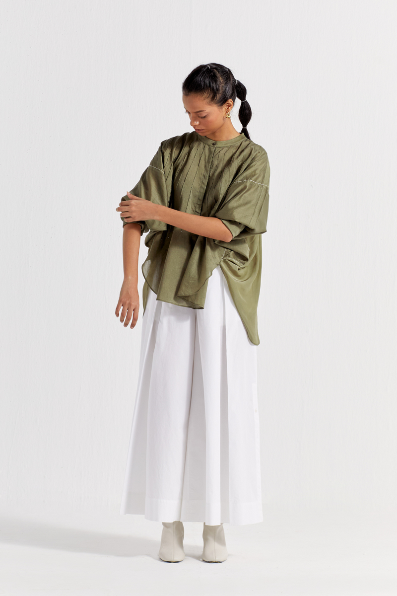 BAT SLEEVE TOP - OLIVE chanderi by THREE in olive color for women Worldwide