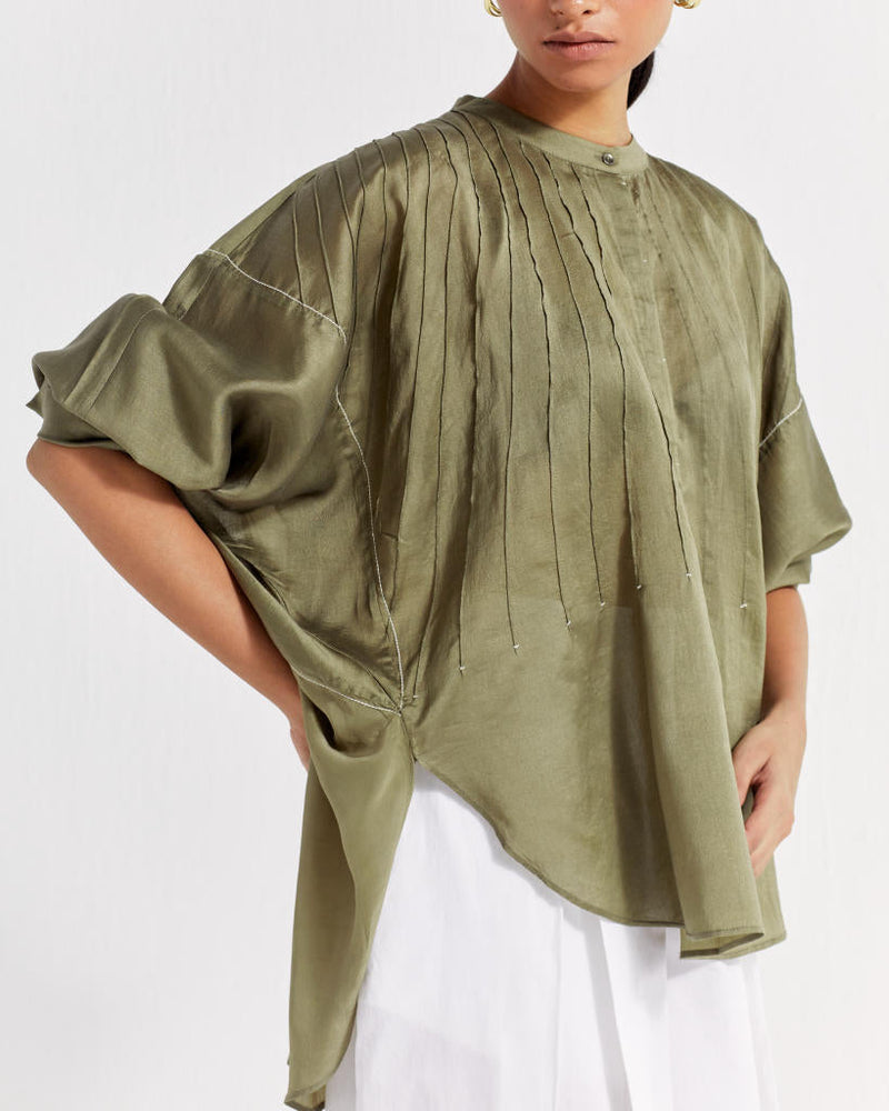 BAT SLEEVE TOP - OLIVE chanderi by THREE in olive color for women Worldwide