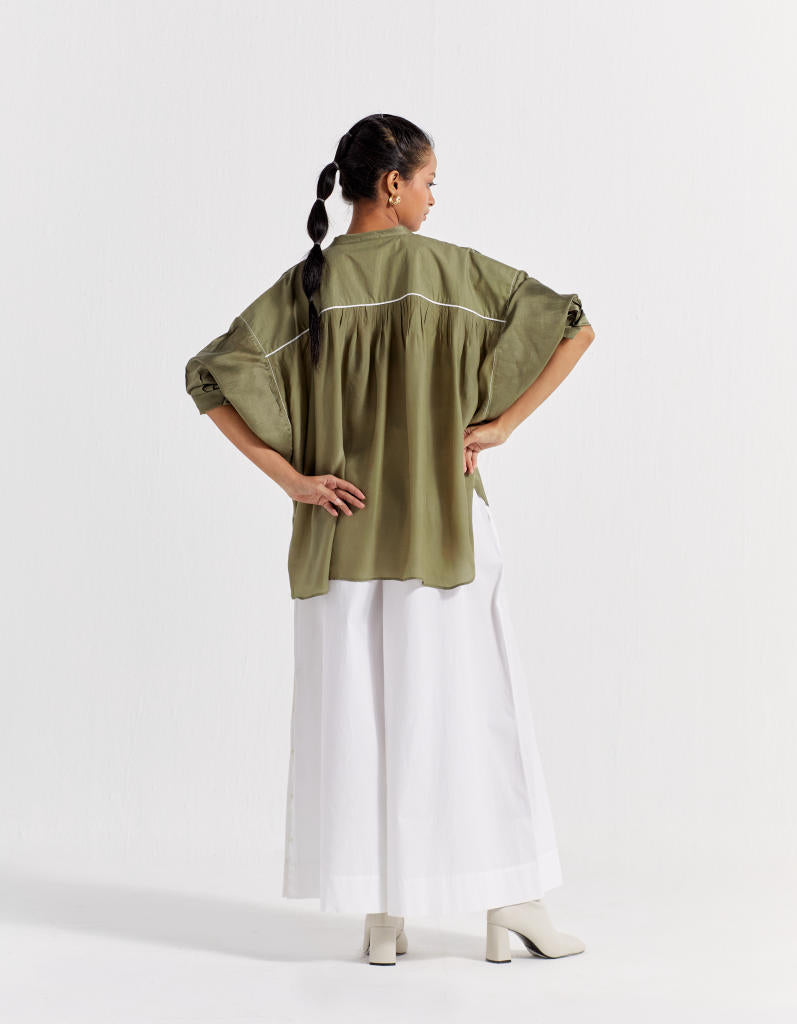 BAT SLEEVE TOP - OLIVE chanderi by THREE in olive color for women Worldwide