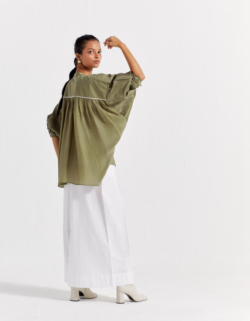 BAT SLEEVE TOP - OLIVE chanderi by THREE in olive color for women Worldwide