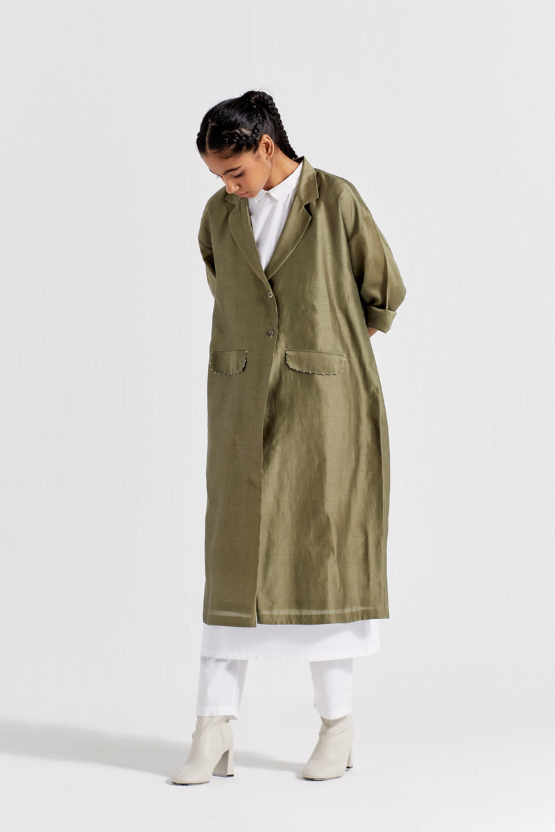 BACK TIE OVERLAY JACKET - OLIVE chanderi by THREE in olive color for women Worldwide