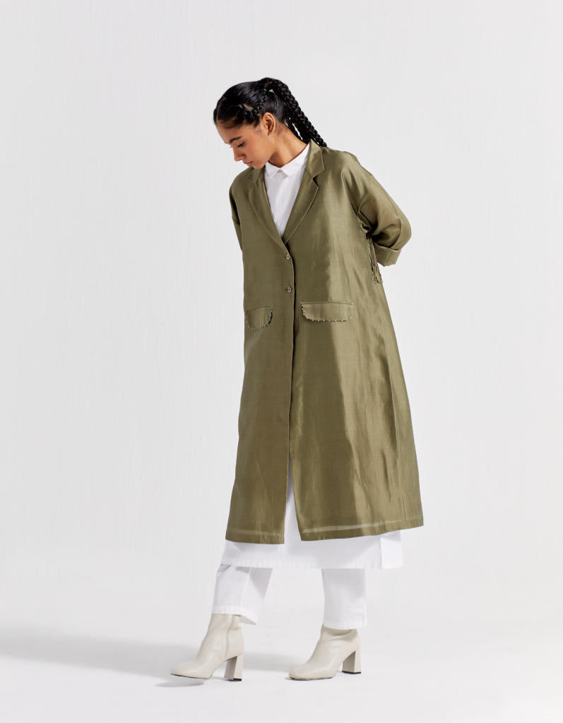 BACK TIE OVERLAY JACKET CO-ORD ( SET OF 3 ) poplin by THREE in olive color for women Worldwide