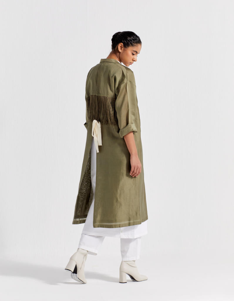 BACK TIE OVERLAY JACKET - OLIVE chanderi by THREE in olive color for women Worldwide