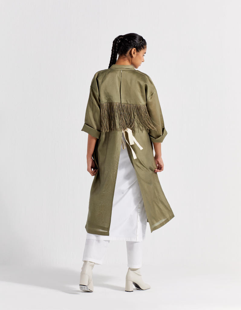 BACK TIE OVERLAY JACKET - OLIVE chanderi by THREE in olive color for women Worldwide