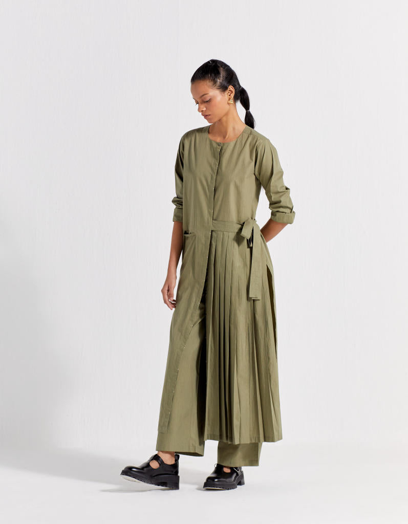 HIGH WAIST BROAD BOTTOM - OLIVE poplin by THREE in olive color for women Worldwide