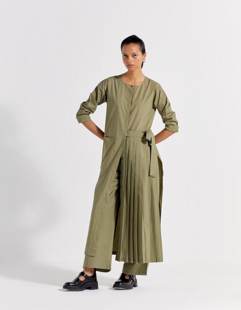 FRONT PLEAT JACKET CO-ORD ( SET OF 2 ) poplin by THREE in olive color for women Worldwide