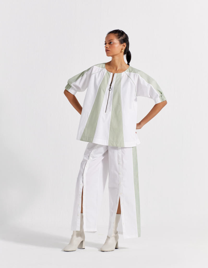 PANEL SNAP BUTTON BOTTOM - WHITE + MINT poplin by THREE in mint color for women Worldwide