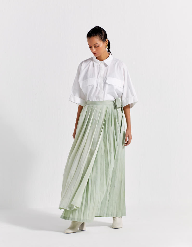 ASYMMETRIC PLEAT SKIRT - MINT poplin by THREE in mint color for women Worldwide