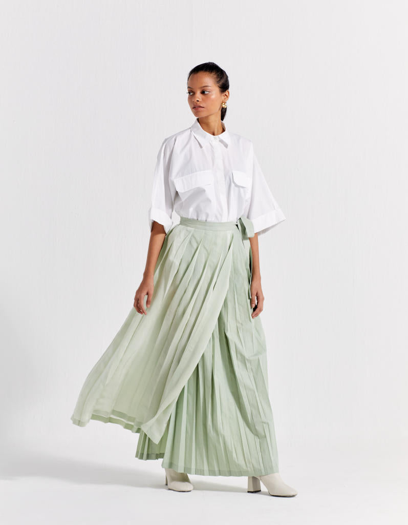 ASYMMETRIC PLEAT SKIRT - MINT poplin by THREE in mint color for women Worldwide