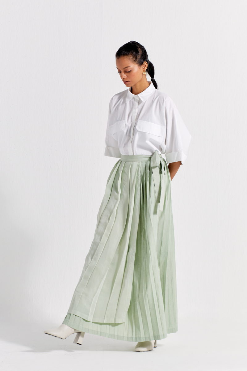 ASYMMETRIC PLEAT SKIRT - MINT poplin by THREE in mint color for women Worldwide