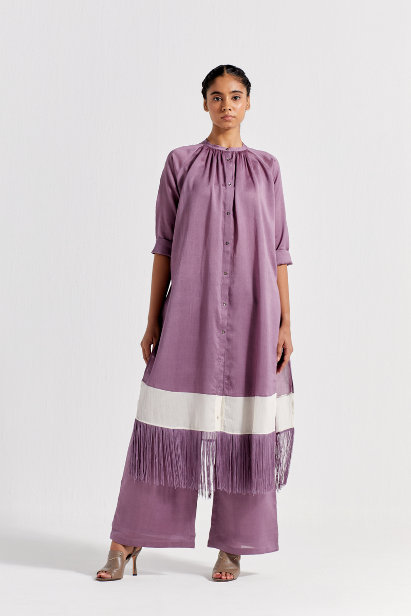 PANEL GATHER NECK SHIRT CO-ORD ( SET OF 2 )- LILAC chanderi by THREE for women Worldwide