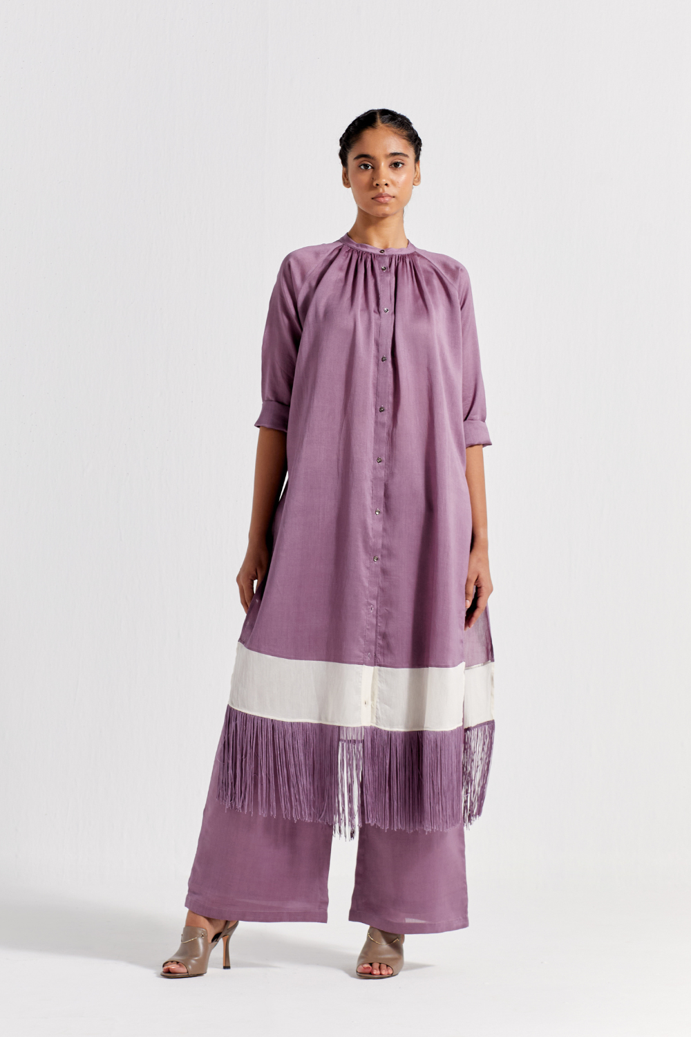 PANEL GATHER NECK SHIRT CO-ORD ( SET OF 2 )- LILAC