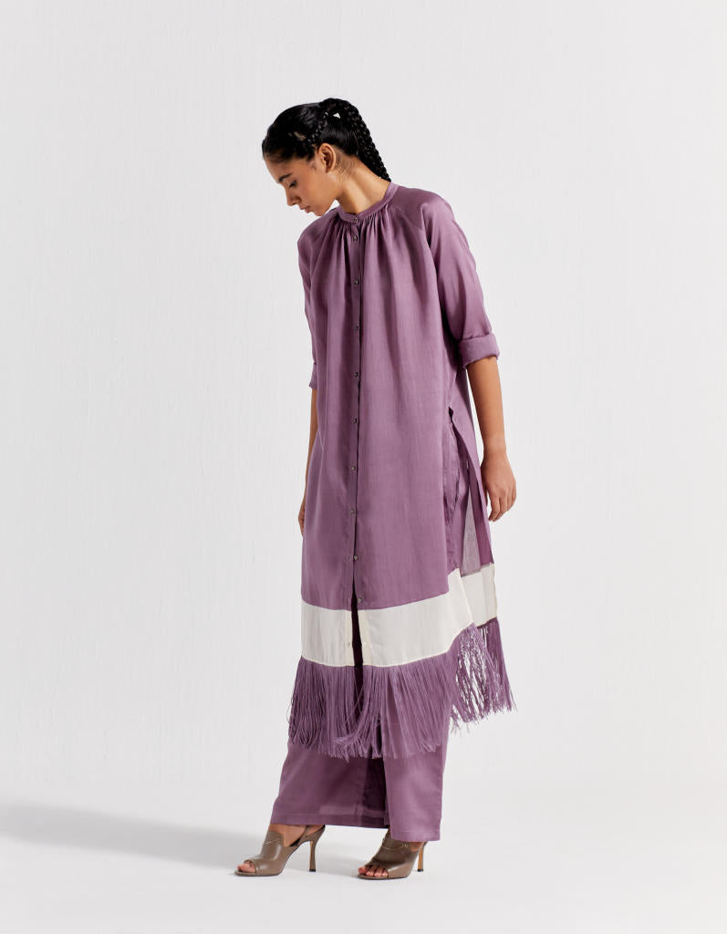 PANEL GATHER NECK SHIRT CO-ORD ( SET OF 2 )- LILAC chanderi by THREE for women Worldwide