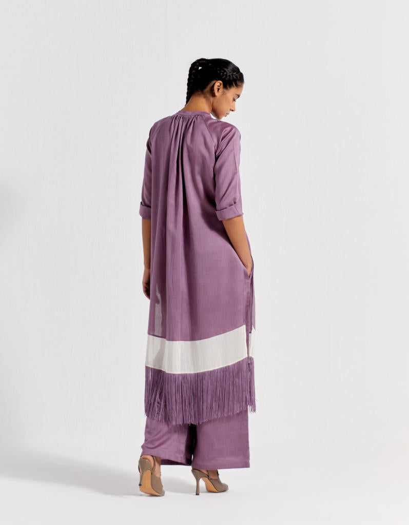 PANEL GATHER NECK SHIRT CO-ORD ( SET OF 2 )- LILAC chanderi by THREE for women Worldwide