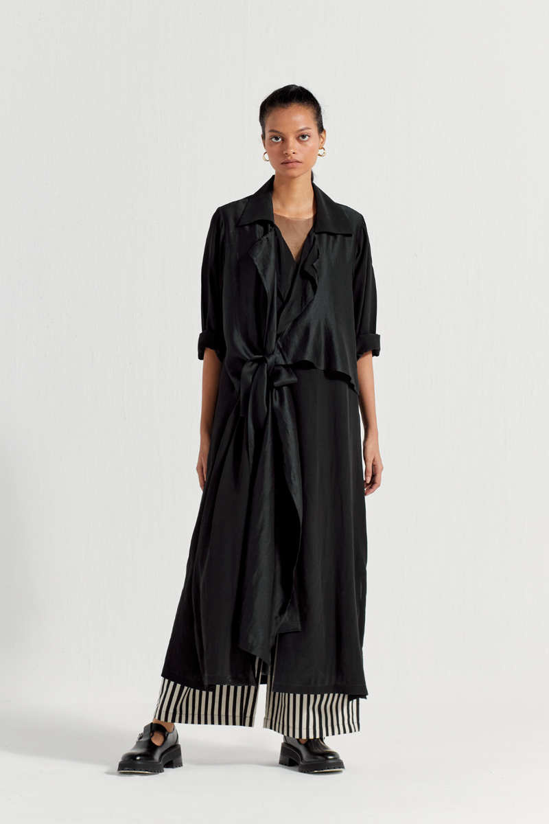 TIE JACKET CO-ORD ( SET OF 3) chanderi by THREE in black color for women Worldwide