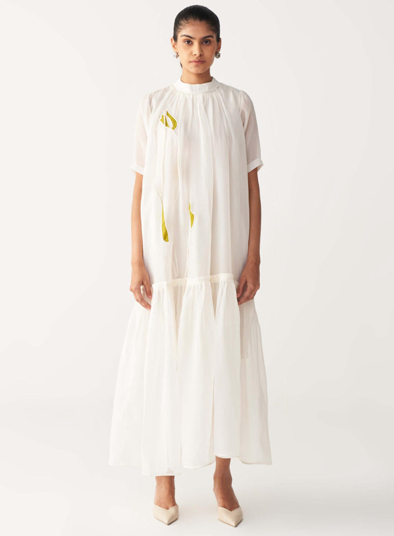 SHEER BOTTOM FRILL DRESS +
IVORY CHANDERI SLIP-IVORY organza by THREE in white color for women Worldwide