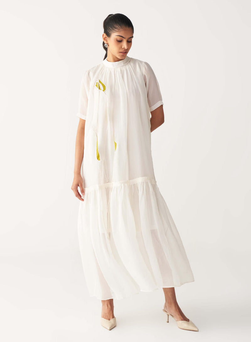 SHEER BOTTOM FRILL DRESS +
IVORY CHANDERI SLIP-IVORY organza by THREE in white color for women Worldwide