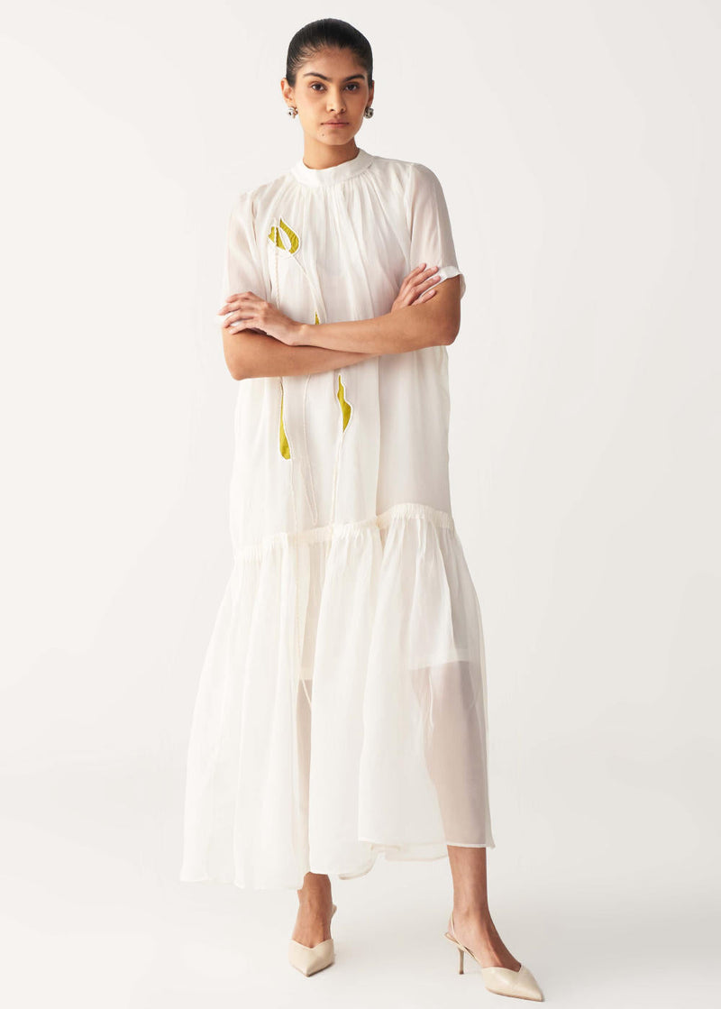 SHEER BOTTOM FRILL DRESS +
IVORY CHANDERI SLIP-IVORY organza by THREE in white color for women Worldwide
