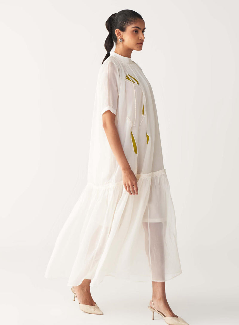 SHEER BOTTOM FRILL DRESS +
IVORY CHANDERI SLIP-IVORY organza by THREE in white color for women Worldwide
