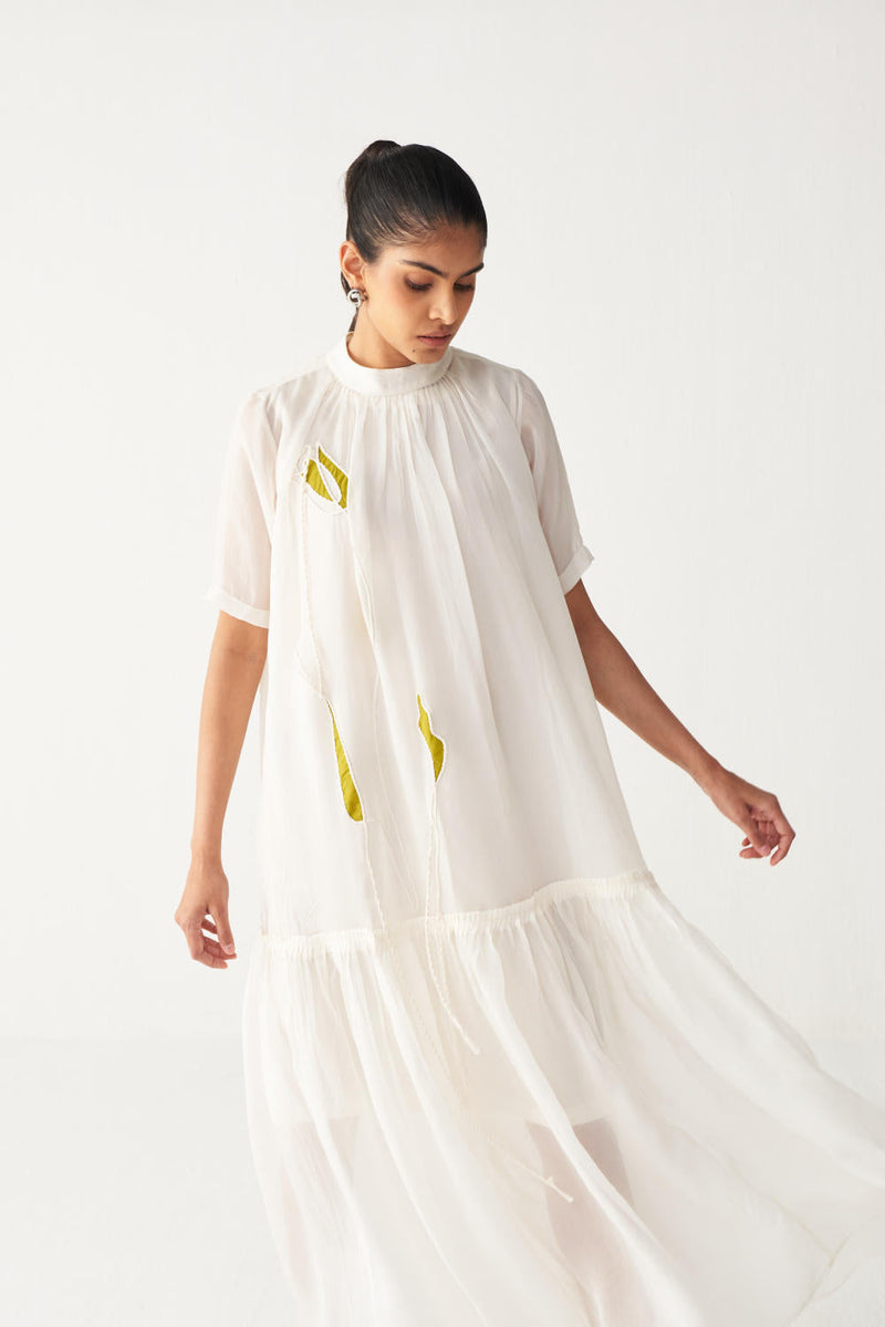 SHEER BOTTOM FRILL DRESS +
IVORY CHANDERI SLIP-IVORY organza by THREE in white color for women Worldwide