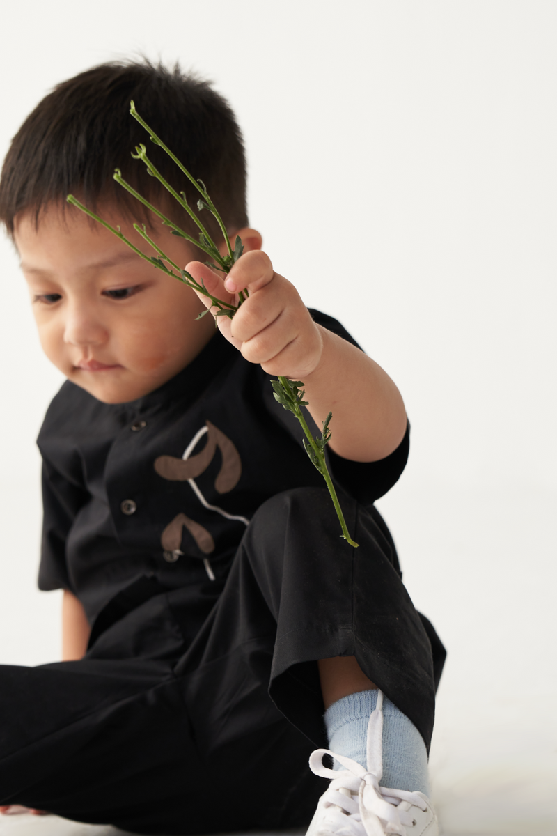 KIDS POPPY APPLIQUE SHIRT CO-ORD-BLACK