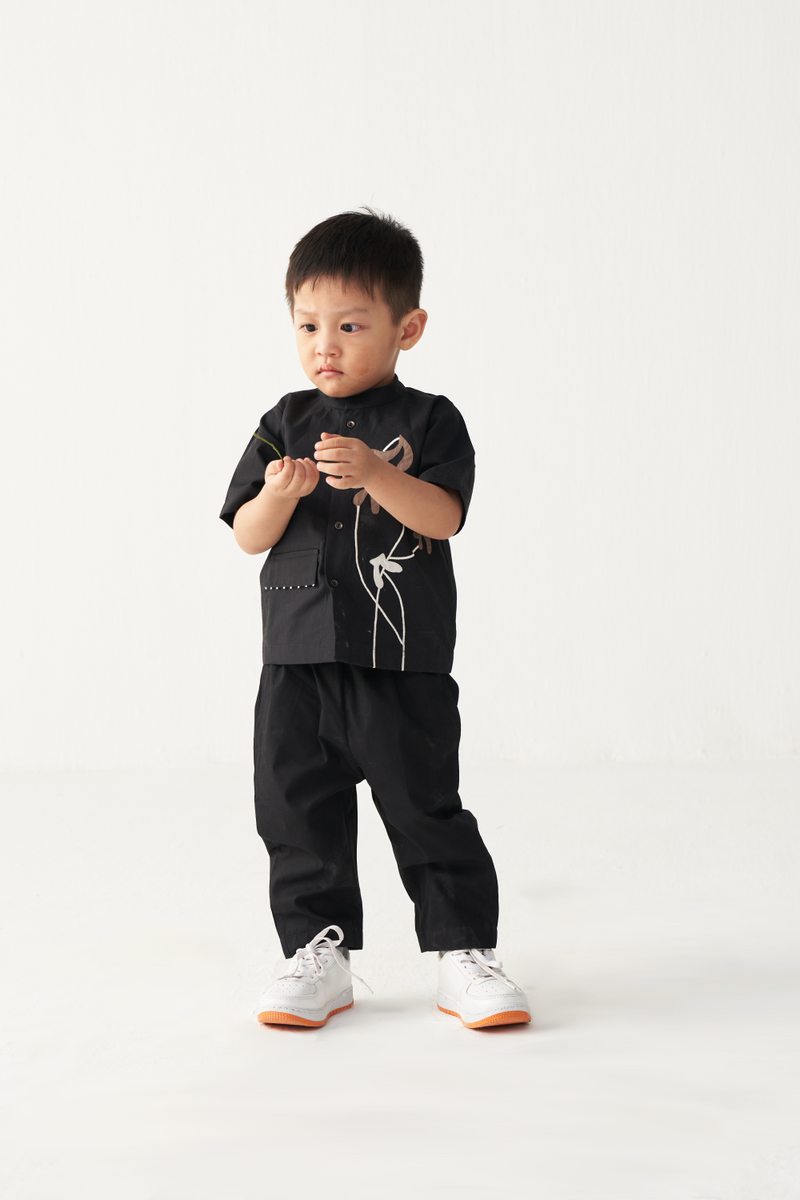 KIDS POPPY APPLIQUE SHIRT CO-ORD-BLACK