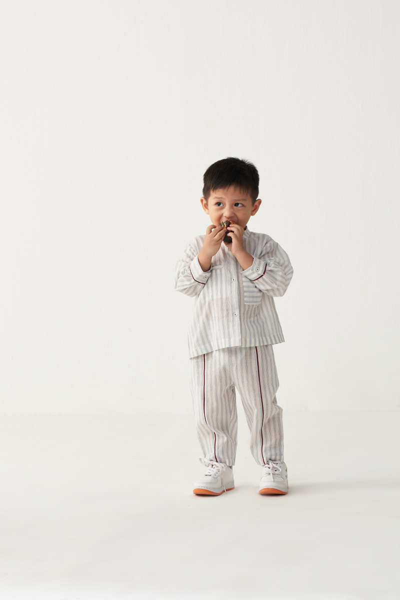 KIDS BAND COLLAR SHIRT CO-ORD-BLUE/STRIPE