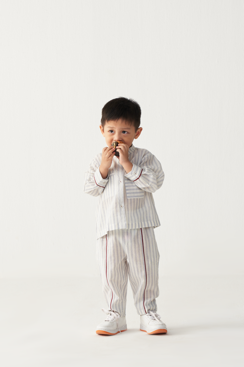 KIDS BAND COLLAR SHIRT CO-ORD-BLUE/STRIPE