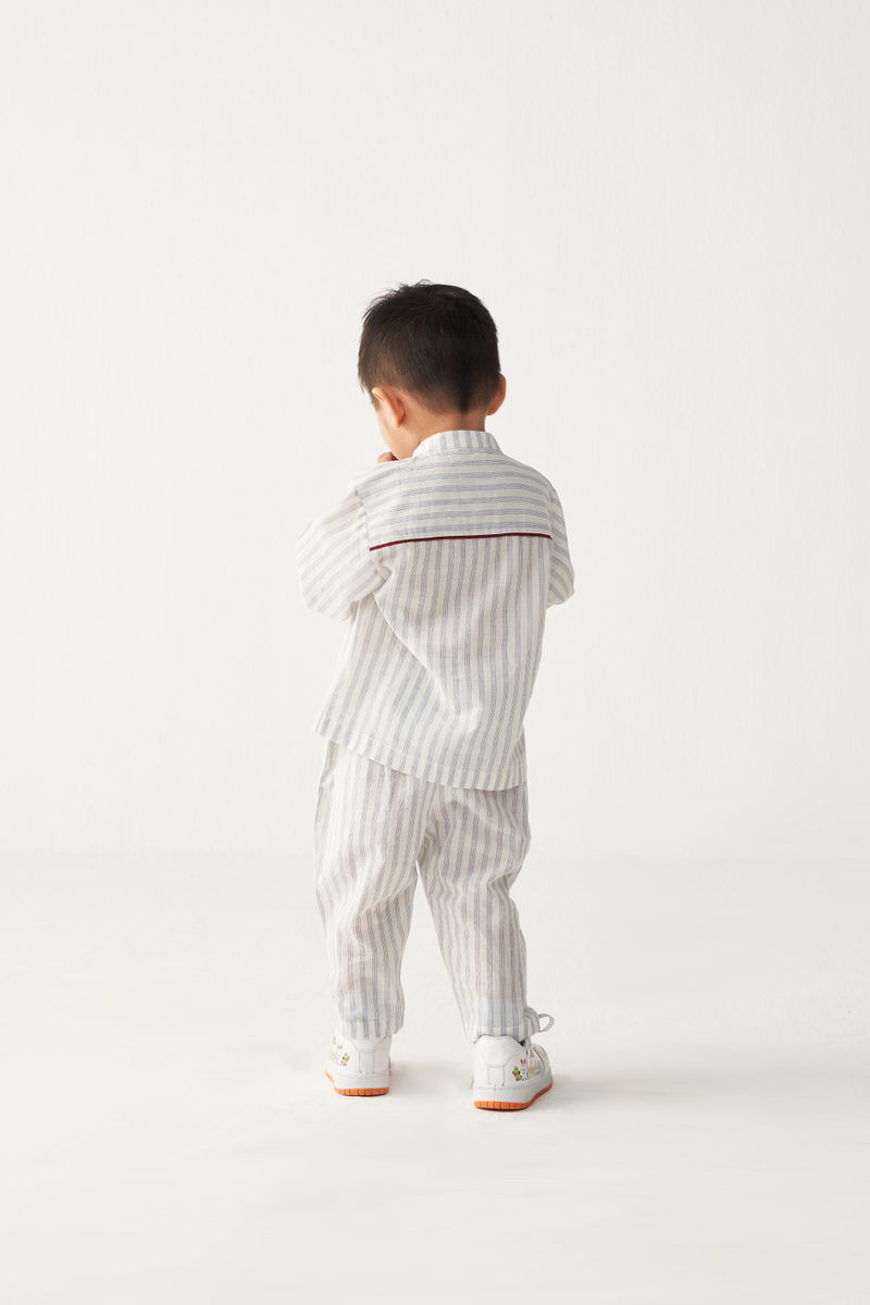 KIDS BAND COLLAR SHIRT CO-ORD-BLUE/STRIPE