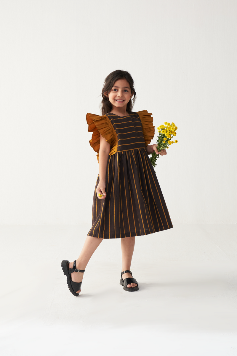 KIDS FRILL SLEEVE DRESS-CHARCOAL/MUSTARD