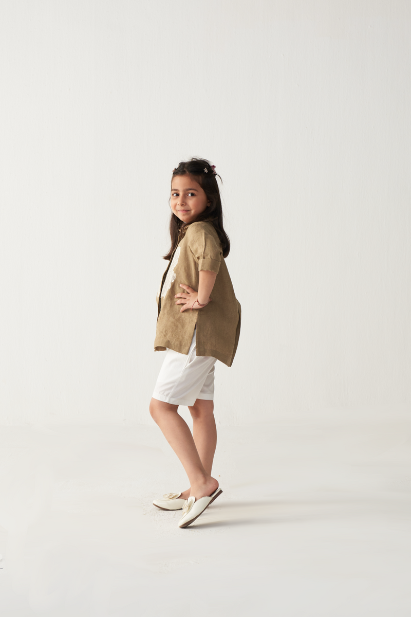 KIDS EMB. FLORAL SHIRT-SAND