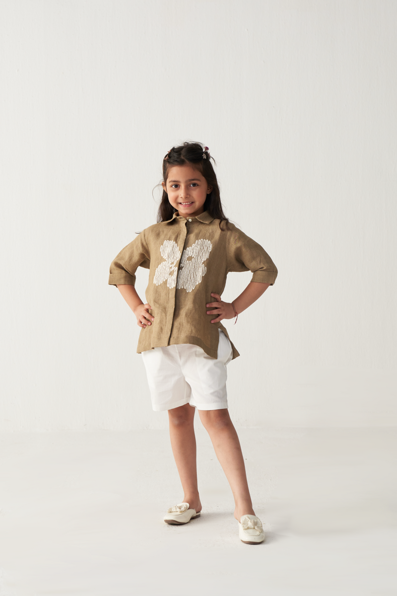KIDS EMB. FLORAL SHIRT (CO-ORD)-SAND & WHITE