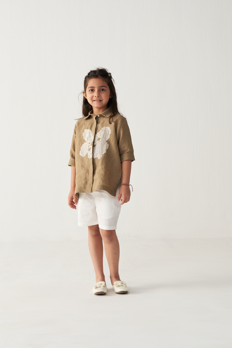 KIDS EMB. FLORAL SHIRT (CO-ORD)-SAND & WHITE