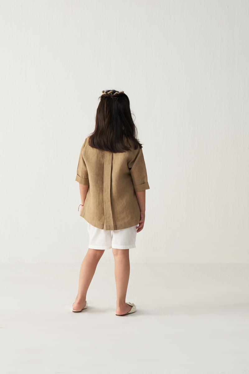 KIDS EMB. FLORAL SHIRT (CO-ORD)-SAND & WHITE