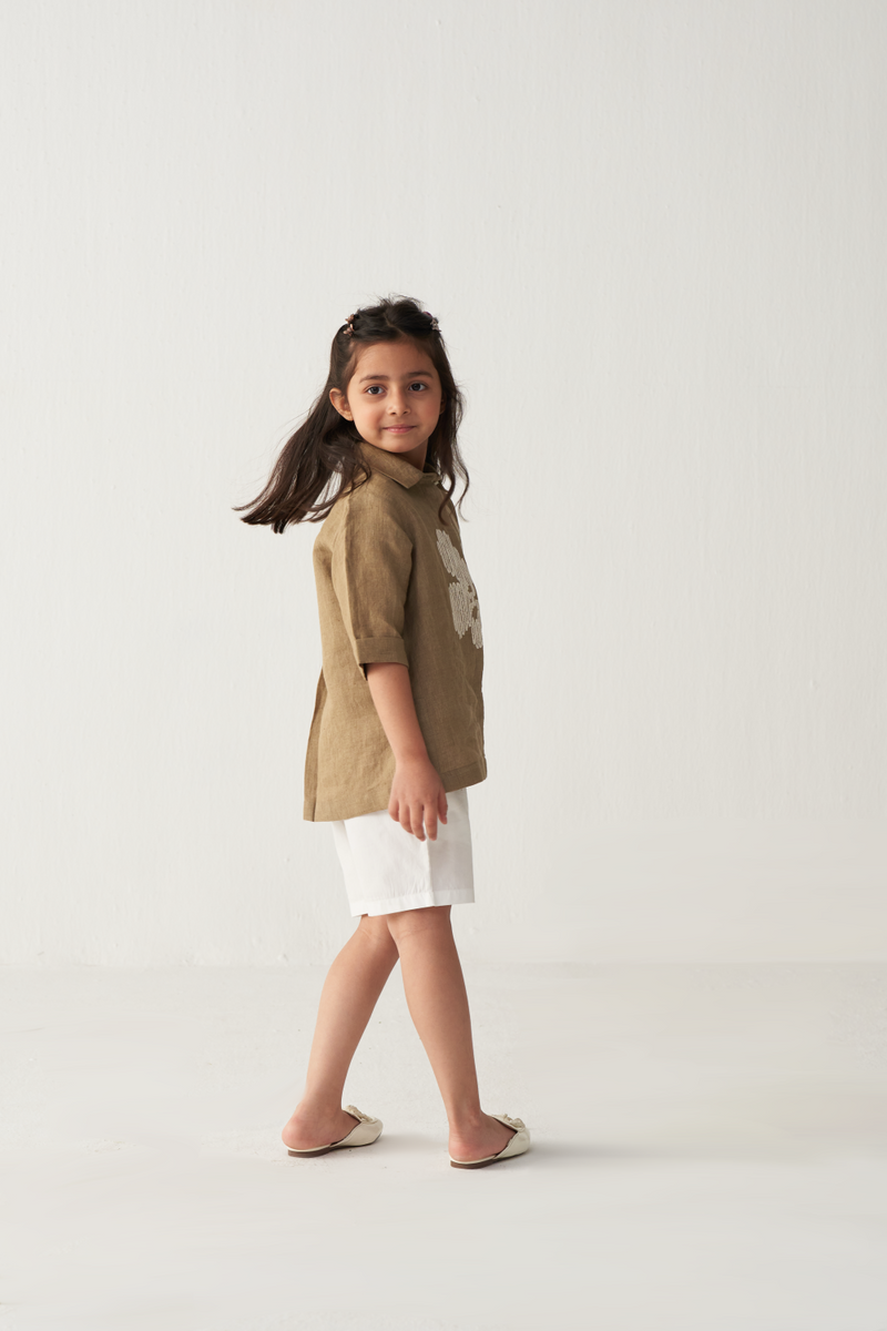 KIDS EMB. FLORAL SHIRT (CO-ORD)-SAND & WHITE