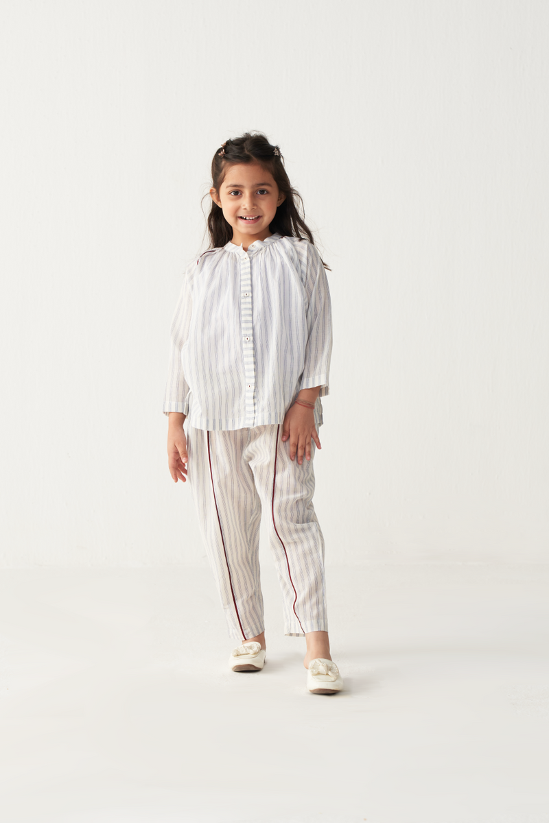 KIDS GATHER NECK SHIRT (CO-ORD)-BLUE & WHITE
