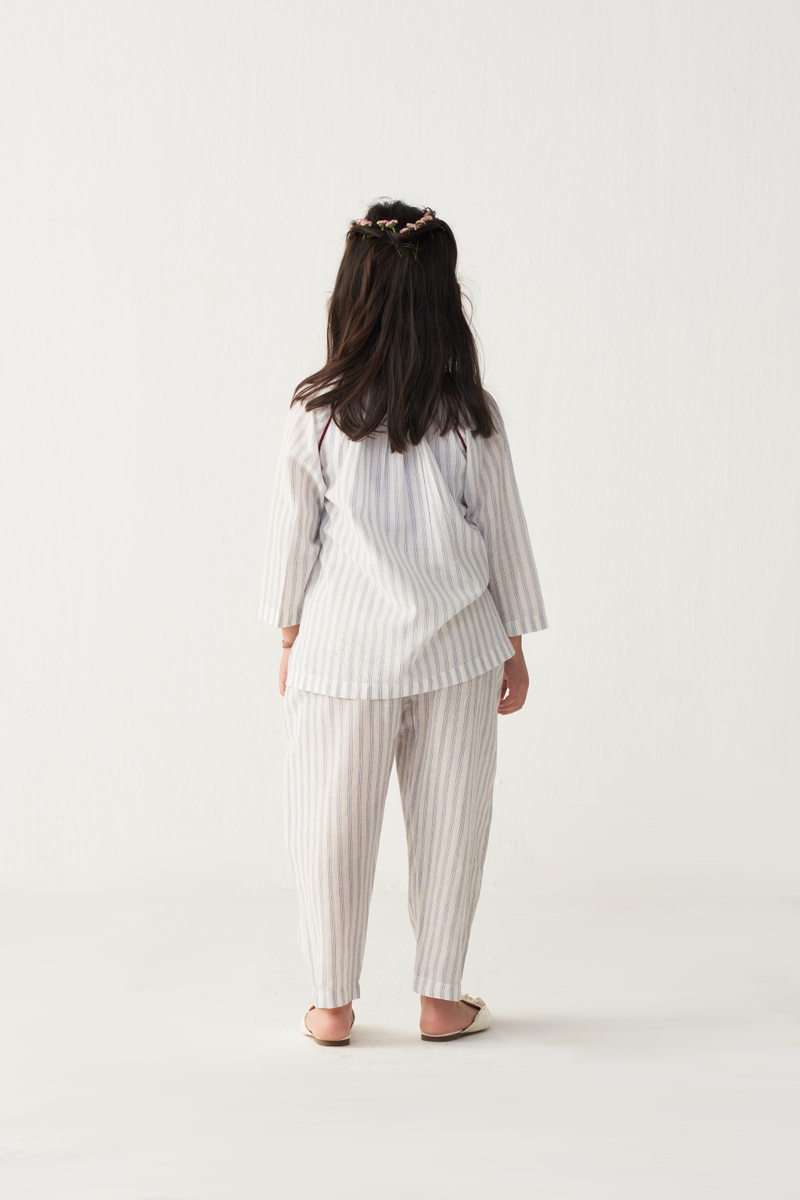 KIDS GATHER NECK SHIRT (CO-ORD)-BLUE & WHITE