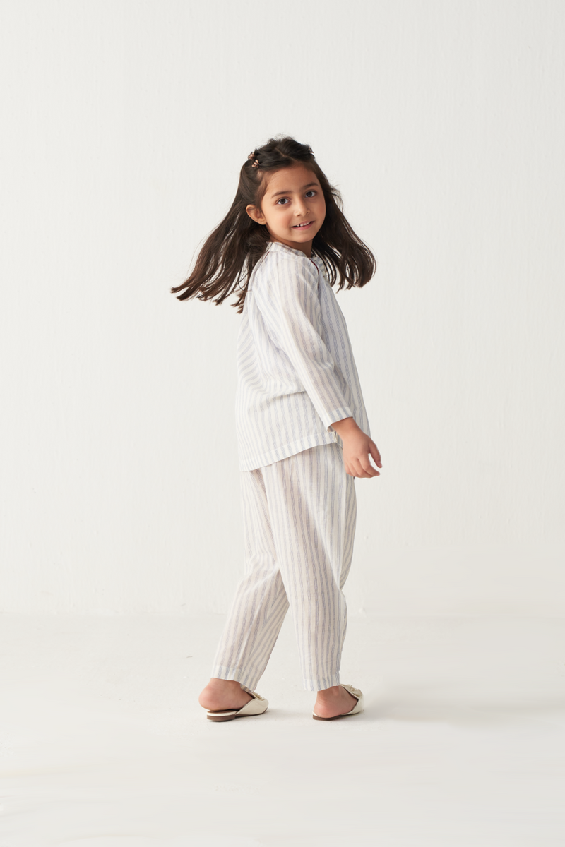 KIDS GATHER NECK SHIRT (CO-ORD)-BLUE & WHITE