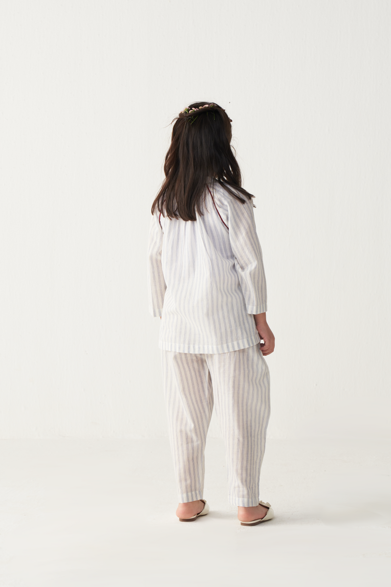 KIDS GATHER NECK SHIRT (CO-ORD)-BLUE & WHITE