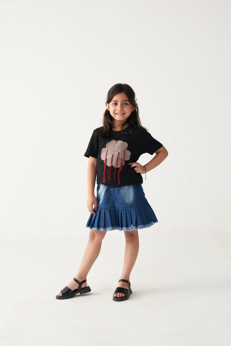 KIDS FLORAL FRINGE T-SHIRT-BLACK