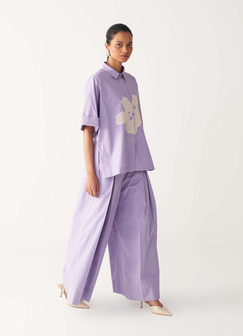 FLORAL EMB. SHIRT CO-ORD-LAVENDER poplin by THREE for women Worldwide